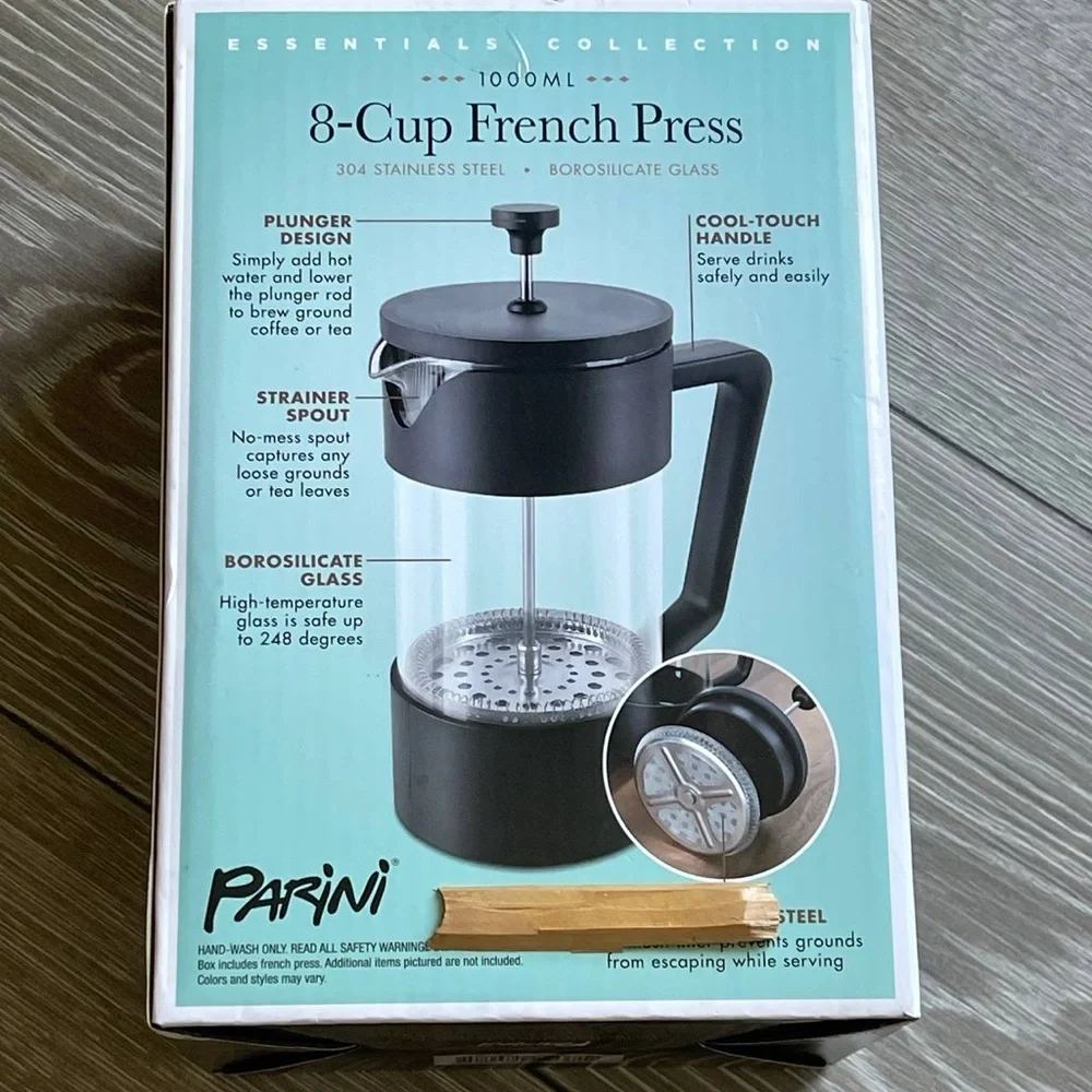 PARINI 8-Cup French Press Coffee Tea Maker‎ Stainless Steel Borosilicate Glass